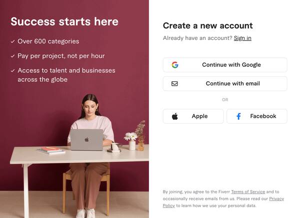 创建 Fiverr 帐户
