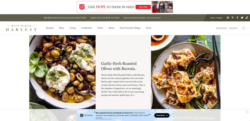 食品博客Half Baked Harvest在其网站上举办展示广告。