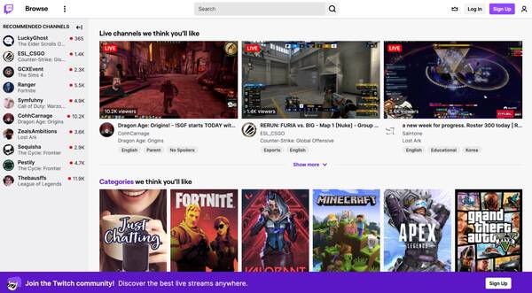 Twitch 主页，显示推荐频道、直播频道和类别。