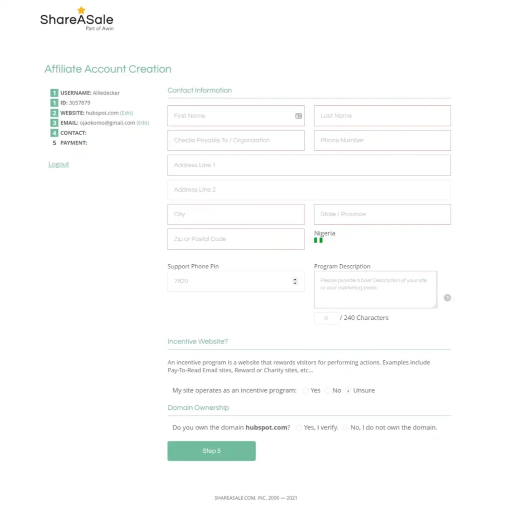 shareasale：图像显示了帐户创建和联盟计划设置过程中的下一步，您可以在其中识别地址和联系信息。